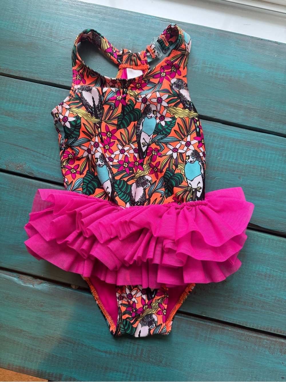 Cat & Jack Tropical Parrot One-Piece Swimsuit in Hot Pink and Orange